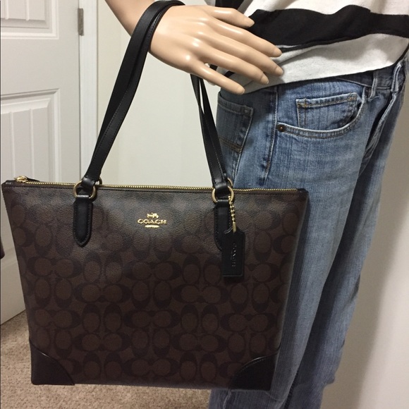 Last one 🌸 NEW Coach zip top tote -Brown / Black - Picture 3 of 8
